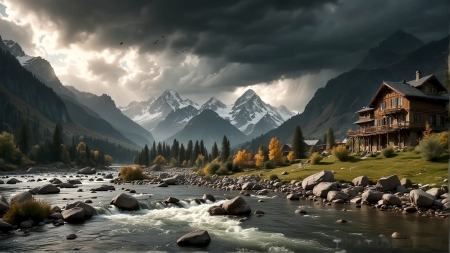 Majestic Mountain Landscape with Serene River and Cozy House