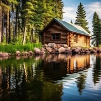 Rustic lodge at peaceful river