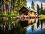 Rustic lodge at peaceful river