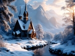 Wooden church in the winter mountain landscape.