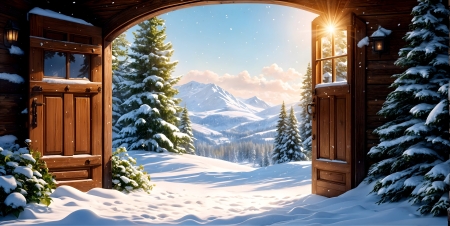 Snow-covered trees and mountains through an open wooden door - erdo, evad, fak, fenyok, havas, hegyek, hideg, ho, hoval boritott, nyitott faajto, tel