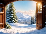 Snow-covered trees and mountains through an open wooden door