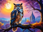 Owl at Sunset Over Gothic Castle