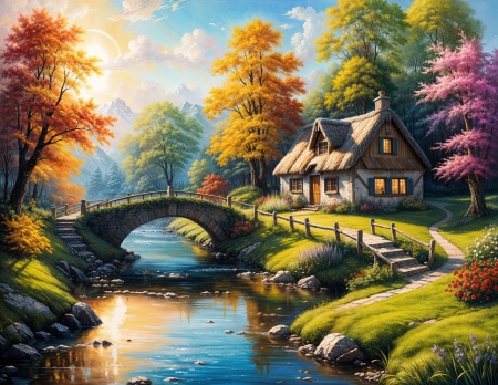 Autumn calm on the river bank at the hut - haz, kohid, kunyho, napfelkelte, novenyzet, nyugodt folyo, osz, oszi lombozat, oszi szinek, tajkep, termeszet