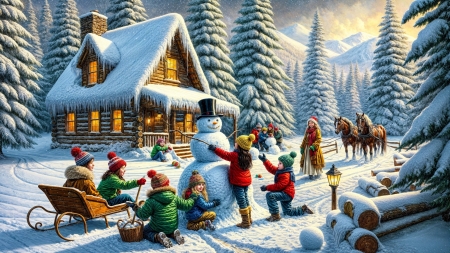 Festive Winter Evening in a Snowy Village - erdo, este, fahaz, gyerekek, hangulatos kabin, havas fak, havas falu, hideg, ho, hoember, jatek, lampa, lovak, szines oltozek, tel, unnep