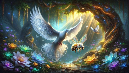 White dove and a bee in the flower forest - erdo, fak, galamb, mehecske, napfeny, novenyzet, szall, termeszet, varazslatos, viragok
