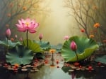 Calm lake with pink lotus flowers and green lily pads