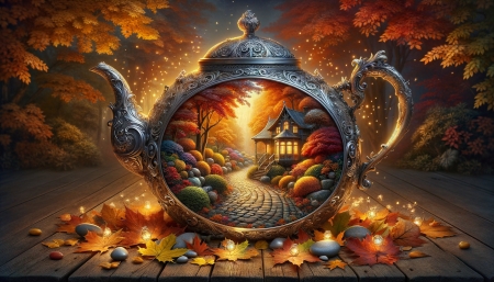 Beautifully decorated teapot - bekes, evad, kovek, osz, oszi fak, oszi jelenet, oszi levelek, szines, teaskanna