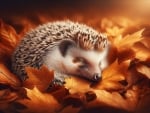 A peaceful hedgehog sleeps amidst autumn leaves