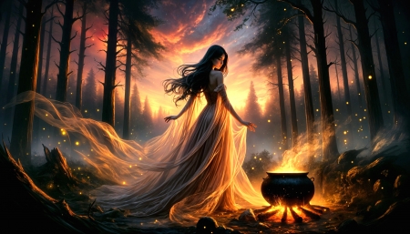 Forest at sunset with a woman in a glittering cloak - csillogo ruha, egbolt, erdo, fak, felhok, izzo ust, lany, naplemente, tuzfeny, varazslatos