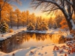 Winter landscape with golden trees and river