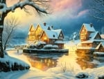 Winter evening in the snowy village