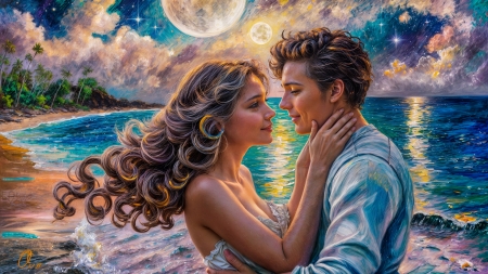 Romantic couple - couple, emotional, full moon, love, lovers
