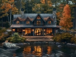 House at a lake in autumn forest