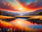 Majestic Sunset Landscape with Tranquil River and Wildflowers