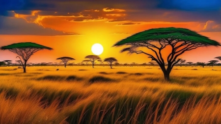 African Grasslands Rich Hues of Savanna Grass and Wildlife - artwork, colors, digital, sky, sun, trees