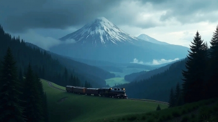 Dark Fantasy Train Journey through Wooded Hills and Volcanic Landscapes - artwork, clouds, digital, lake, landscape, rocks, sky, steamtrain