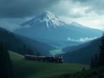 Dark Fantasy Train Journey through Wooded Hills and Volcanic Landscapes