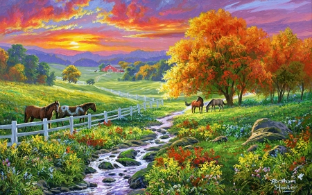 October Pasture by Abraham Hunter - artwork, autumn, creek, horses, nature, painting, trees