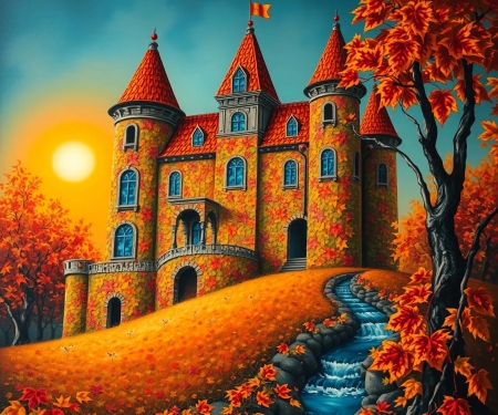 Autumn Colors - artwork, castle, digital, fall, leaves, trees