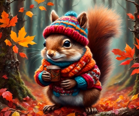 Autumn ready - artwork, digital, forest, funny, leaves, squirrel