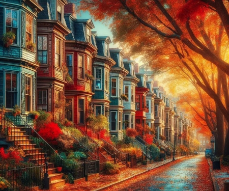 Autumn streeside - artwork, colors, digital, fall, houses, leaves, trees
