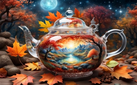 Dreamy Autumn Sky in a Teapot - artwork, digital, fall, leaves, moon