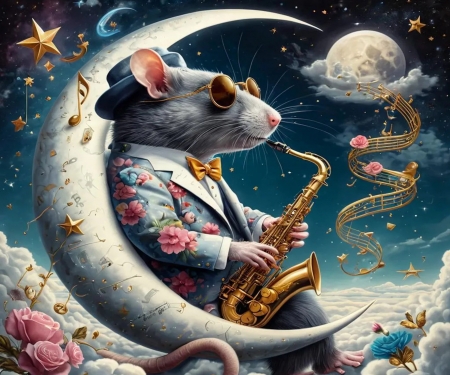 Jazz Rat - artwork, digital, instrument, moon, saxophone
