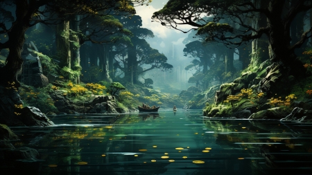 Nature Beauty Reflected in Foggy Pond - art, boat, digital, forest, stones, trees, water