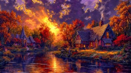 Fantasy village - autumn, clouds, colorful, cottages, dusk, fall, fantasy, houses, lake, peaceful, reflection, river, serenity, sunset, village