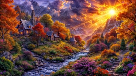 Fiery autumn sunset - art, autumn, beautiful, clouds, cottages, creek, fall, foliage, glow, houses, mountain, peaceful, rays, serenity, sky, stream, sunlight, sunset, village, wildflowers