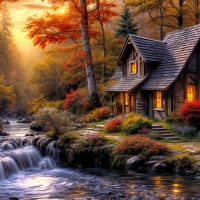 Lonely cottage in autumn forest