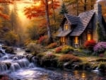 Lonely cottage in autumn forest