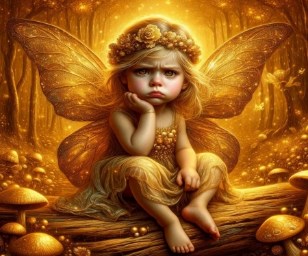 The golden tantrum - art, child, digital, fairy, forest, mushrooms, wings