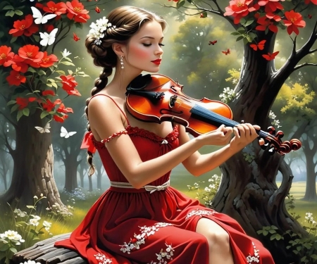 Violin player - art, digital, girl, trees, violin