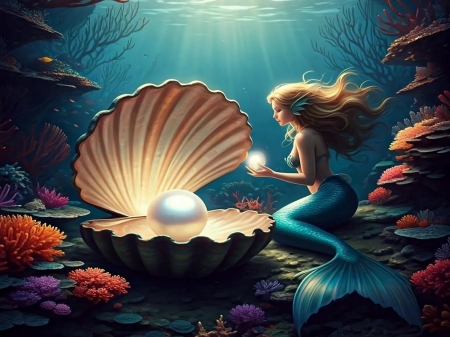 With the shell open - art, digital, mermaid, pearl, underwater