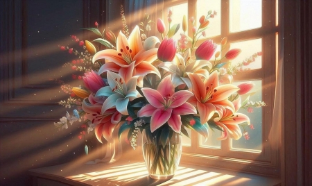 Lillies on a Windowsill - flowers, lillies, lovely, rays of light, sunshine, vase, window