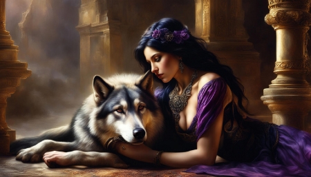 Wolf and Woman - art, beautiful, digital, fantasy, girl, purple, wallpaper, wolf, woman