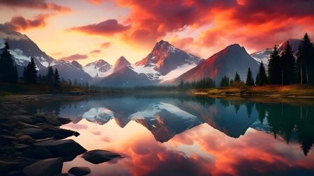 Mountain lake at sunset - art, clouds, colors, digital, mountains, reflections, rocks, sky, sunset, water