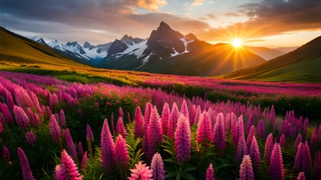 The sun rises in the mountains - art, blossoms, clouds, digital, flowers, landscape, sky, sun