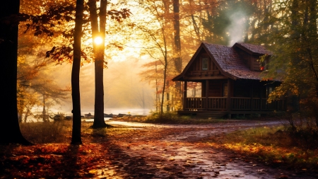 Sunrise with fall foliage - art, cabin, digital, forest, shadows, sun, trees