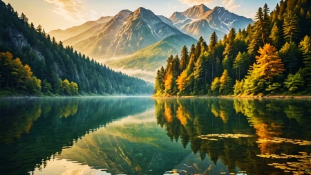 Scenic nature - art, autumn, colors, digital, mountains, reflections, rocks, trees, water