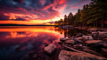 Dramatic lake landscape with vibrant sunset - reflections, art, sky, trees, clouds, water, colors, stones, digital