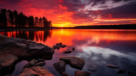 Lake at Sunset - reflections, art, sky, trees, clouds, water, digital, colors