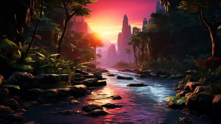 Tropical Rainforest - trees, river, art, digital, sunset, stones