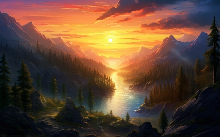 Sunset over the river - sky, landscape, artwork, sun, clouds, digital