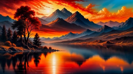 The Molten Sky - lake, trees, artwork, digital, mountains, rocks