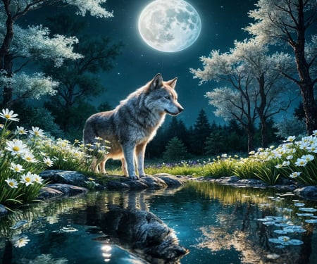 Wolfmoon - wolf, moon, reflections, artwork, water, digital