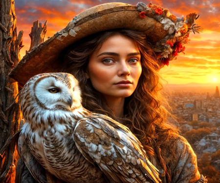 Trust in the Lord - sunset, owl, hat, woman, artwork, digital