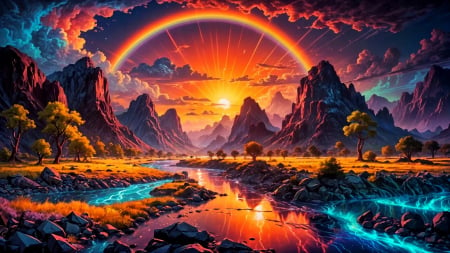 Rainbow Sunset - reflections, rainbow, river, artwork, water, digital, mountains, rocks